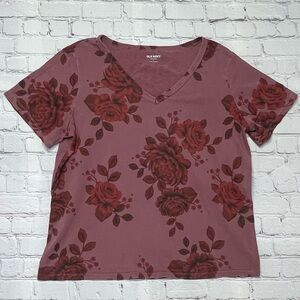 Old Navy EveryWear V-Neck Floral T-Shirt - Red/Rose Pink - Size L